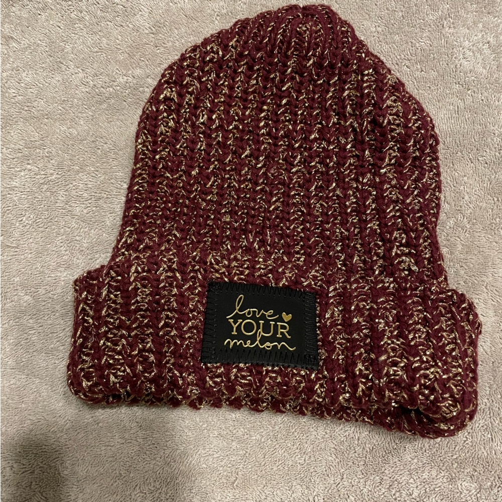 Love Your Melon Metallic Gold and Maroon Knit Beanie